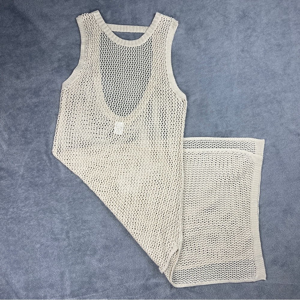 Mesh Beach Coverup Dress Womens Large Cream Midi Sleeveless Side Slits